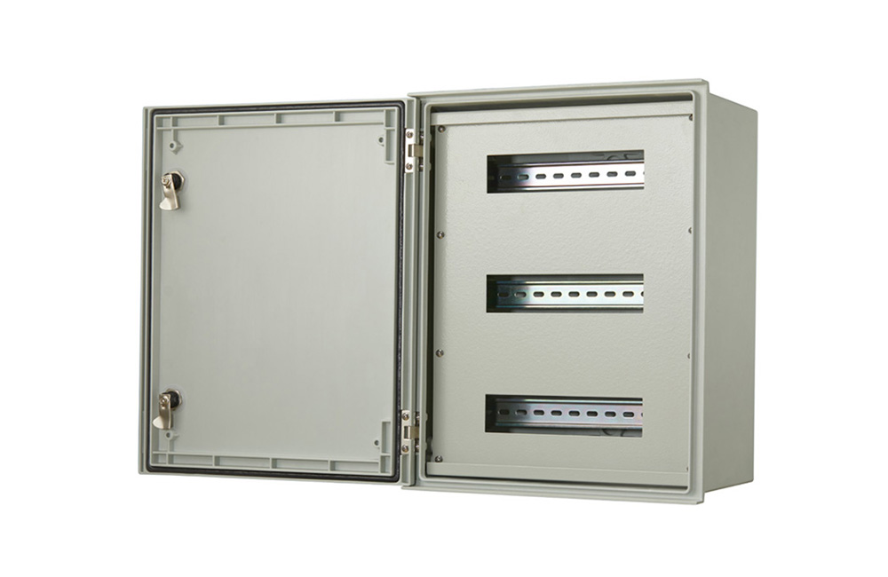 Fiberglass box with circuit breaker rail racks